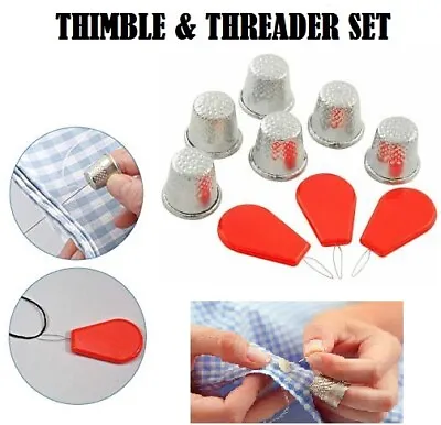 Sewing Kit Thimble & Threader Set Metal Finger Protectors Shield Grip Home UK • £2.45
