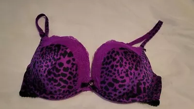 La Senza Super Push Up Padded Bra Purple Black Cheetah Crystal Silver Heart 32D • $15.98