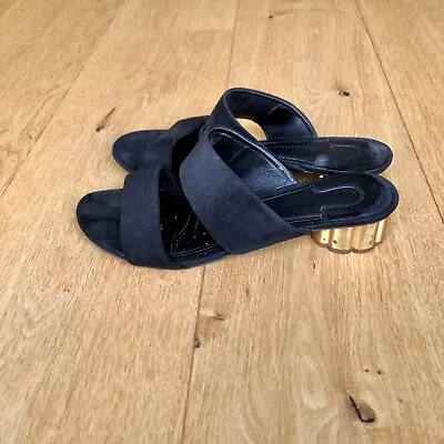 Salvatore Ferragamo Black Suede Slides W/ Gold Platform Heel Size 7.5 US/38 EU • $99