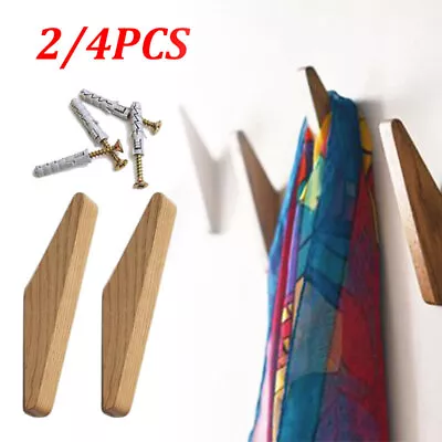 Solid Wooden Wall Mounted Hook Peg Coat Hanger Pegs Rack Triangle Hooks Set 2/4x • £14.99