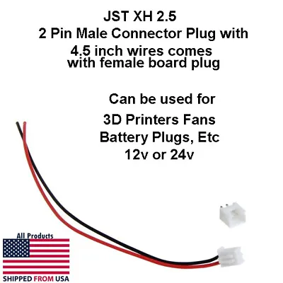 JST XH 2.5 2 Pin Battery Connector Plug Female & Male With 4.5 Inch Leads 120mm • $1.70