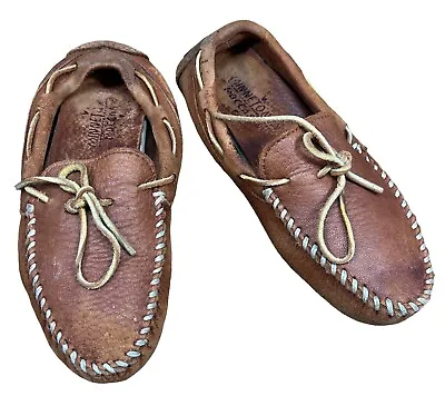 Minnetonka Moccasins Brown  Leather Mens Sz 8 Knob Sole Non Slip Slipper • $24.99