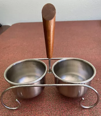 Salad Dressing Condiment Bowl Server Caddy Metal Wood Handle Mid Century Modern • $12.50