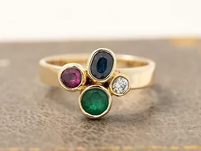 Yellow Gold Multi-Gemstone Ring Emerald Sapphire Ruby Diamond 9ct Gold Size L • £270