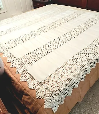 Vintage 1940s Ivory Hand Crocheted & Linen COVERLET Bedspread 78  X 74  Handmade • $29.99