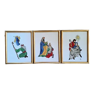 Three Vtg Framed Completed Cross Stitch Nativity Holy Night Scenes 9 X 11 Each • $34.98