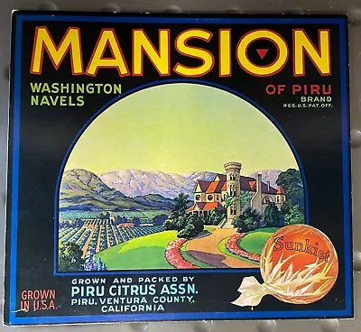 Mansion Sunkist Oranges Fruit Label Vintage Art On Board Beautiful Vibrant READ! • $10