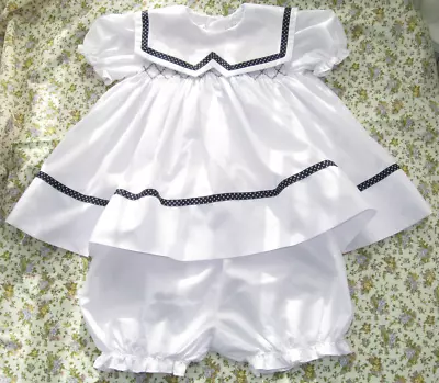 Sarah Louise Sailor Dress Bloomers Smocked Romany Outfit 2pc Set White Navy 12 M • £27.95
