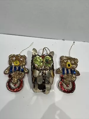 Lot Of 3 Vintage Christmas Ornaments Push Pin Sequined Foil Owl & 2 Bears • $19.76