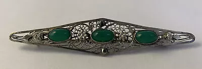 Vtg Estate Sterling Silver Filigree Green Jade ? Cabochon Bar Brooch C Clasp  • $17.99