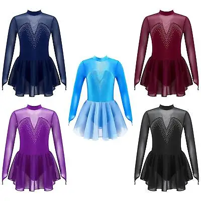 Girls Mesh Figure Ice Skating Dress Dance Leotard Tutu Skirt Performance Costume • £18.09