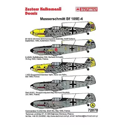 Techmod 72078 Messerschmitt Bf 109E-4 Decals 1/72 • £5.35