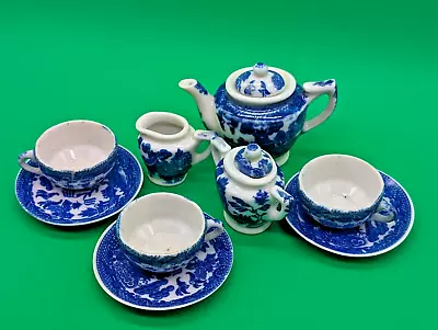 Vintage Ceramics Japan 10 Pc Blue Willow Childs Tea Set W Teapot & Sugar Creamer • $1.99