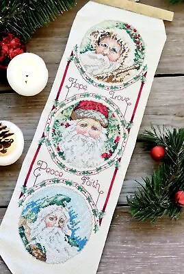 Vintage Needlepoint Christmas Wall Hanging Decor Bell Pull Santa Love Faith • $30