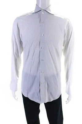 Domenico Vacca Mens Cotton Windowpane Print Button Up Shirt White Black Size 15 • $42.01