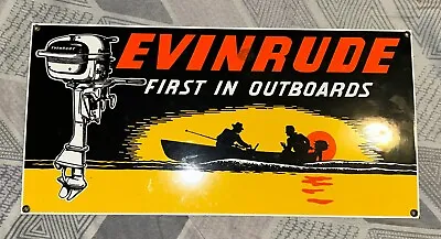 EVINRUDE Vintage Wall Sign Advertising First In Outboards Porcelain Steel Rooney • $124.99