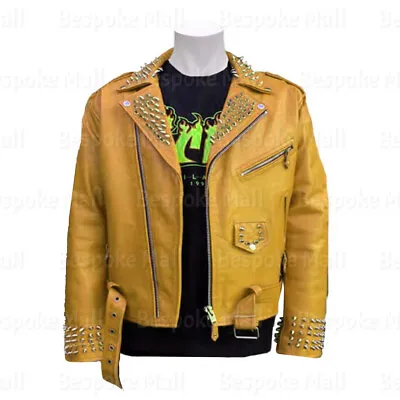 New Men Orange Silver Spiked Studded Punk Rock Cowhide Biker Leather Jacket-508 • $330.59