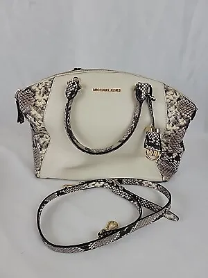 Michael Kors Riley Beige Embossed Black Python Shoulder Bag Purse Satchel • $99.92