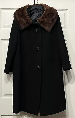 Stevens Hockanum Fabric Topaz 3 Button Swing Coat Black Boiled Wool Mink Collar • $46