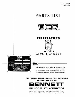 ECO Tireflator Models 93949597 & 98 Air Meter Parts List Manual • $8.95