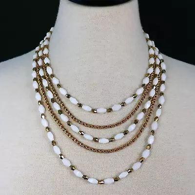 Vintage Crown Trifari Multistrand White Bead Chain Draped Necklace • $14.99