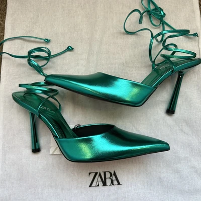 $70 • Buy New Zara Green Metallic Lace Up Tied Heeled Shoes Pumps 3207/010 Size 7.5 9