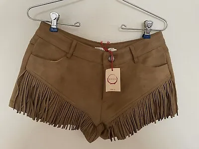 NWT RAGA Brown Suede Like Shorts With Fringe. Size Large 30 Inch Waist • $31.49