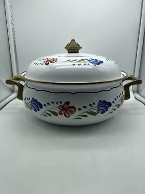 Vintage Floral Enamelware Covered Pot Brass Handles 10  Blue Red White 4 Qt • $23.99