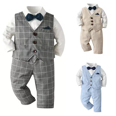 3pcs Baby Boy Gentleman Bowtie Shirt Outfit Birthday Party Check Vest Pants Suit • £14.89