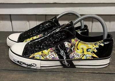 HTF Ed Hardy Y2K Women’s Sz 8 Slip On Patent Sneakers Love Kills Slowly Graphics • $49.99