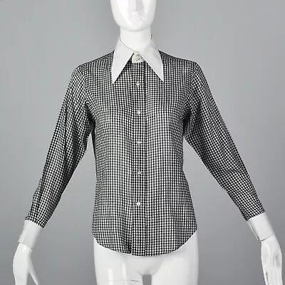 Small Gingham Blouse Black And White VTG 70s Top Long Sleeve Button Up Shirt • $138