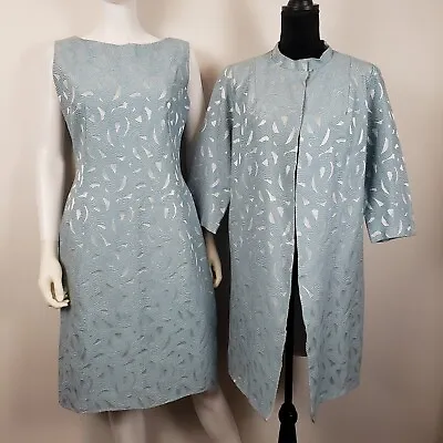 £223.08 • Buy Vintage 1960's Blue Silver Brocade Cocktail Dress And Coat Set Size 16 MCM NYE