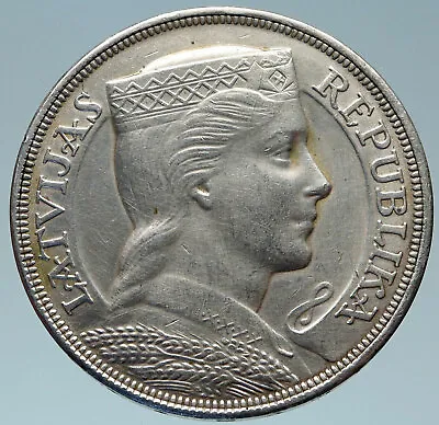 1929 LATVIA W Female Headwear 5 Lati LARGE Vintage Silver European Coin I82931 • $313.65