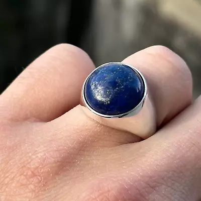 Silver Round Lapis Lazuli Ring Modern Blue Lapis Man Classic Lapis Ring • $85