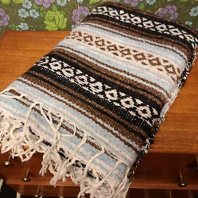 £22.99 • Buy Mexican Blue Brown White Woven Stripy Falsa Yoga Blanket / Throw 64 X48 