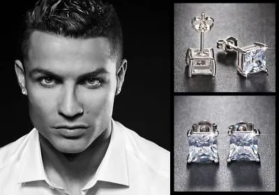 Men's Boy's Ronaldo 6mm Square 18ct White Gold Plated Cubic Zirconial Earrings • £7.99