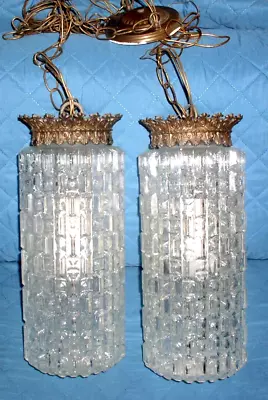 Mcm Brutalist Swag Lamps W/ Ice Cube Pattern Glass • $162.50