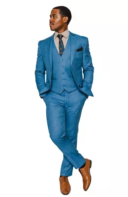 Slim Fit Blue Windowpane 2 Button 3 Piece Vested Notch Lapel Suit By AZARMAN NEW • $119