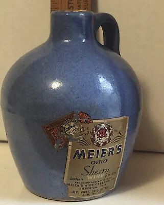 Vintage UHL Pottery 4.5 Inch Blue Jug Meiers Sherry Wine Ohio W/Kentucky Tax • $20