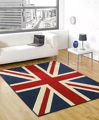 Union Jack Rug Red Ivory White Blue Small - Extra Large Modern Non-shedding • £24.79