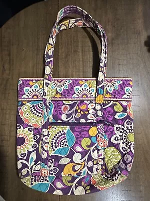 Vera Bradley Plum Crazy Tote Bag Purple Floral Cotton Quilted Shoulder Bag VGC • $14