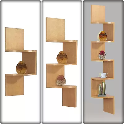 2 / 3 / 5 Tier Zig Zag Corner Shelf Wall Mount Rustic Wood Floating Shelves Book • £15.95