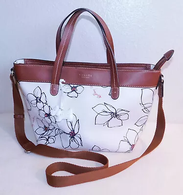 $40 • Buy Radley London White Linear Floral Bag Purse Tote Brown Handles Crossbody Strap