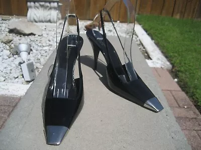 Women's YVES SAINT LAURENT SLINGBACK BLACK W/ SILVER TOE Shoes Sz 40  US 8.5 • $39.99