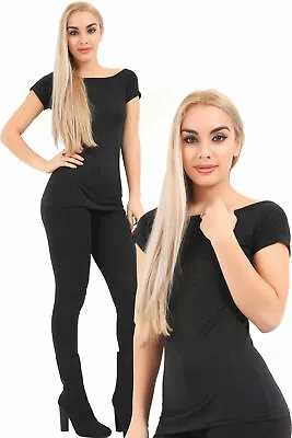 80's Women’s Slash Neck Black Viscose T-Shirt Short Sleeve Halloween Fancy Dress • £4.69