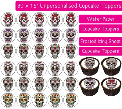 30 Sugar Skulls Edible Wafer & Icing Cupcakes Toppers Party Decoration Muertos • £2.25