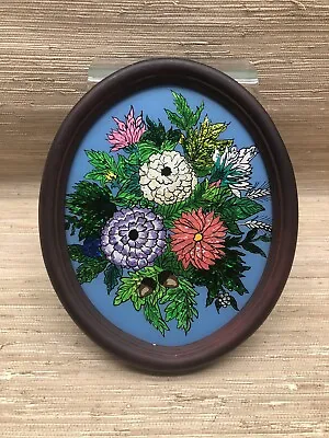 Vintage Reverse Painting On Glass Tinsel Foil Folk Art Floral 10” X 8” • $32