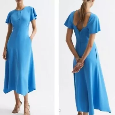 Reiss Eleni Dress Womens 4 Midi Short Sleeve Blue New Asymmetric Hem • $71.10