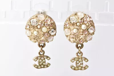 CHANEL Earrings Round Fake Pearl CC Rhinestone COCO Gold GP Swing A11 Authentic • $1203.15