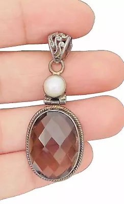 Vintage Sterling Silver Faceted Smoky Quartz & Mabe Pearl Pendant For Necklace • $49.99